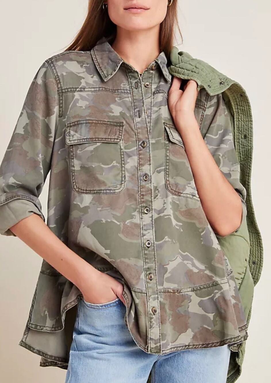 Anthropologie Camo Y2K Long Sleeve Button Shirt Womens Size 12 Woodland A009617
